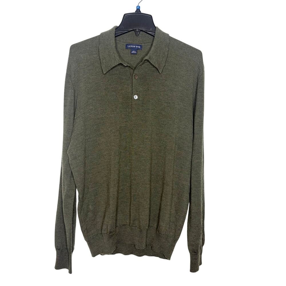 Lands' End Collared 100% Wool Sweater Men's Sz L 3 Button Grandpacore Academia